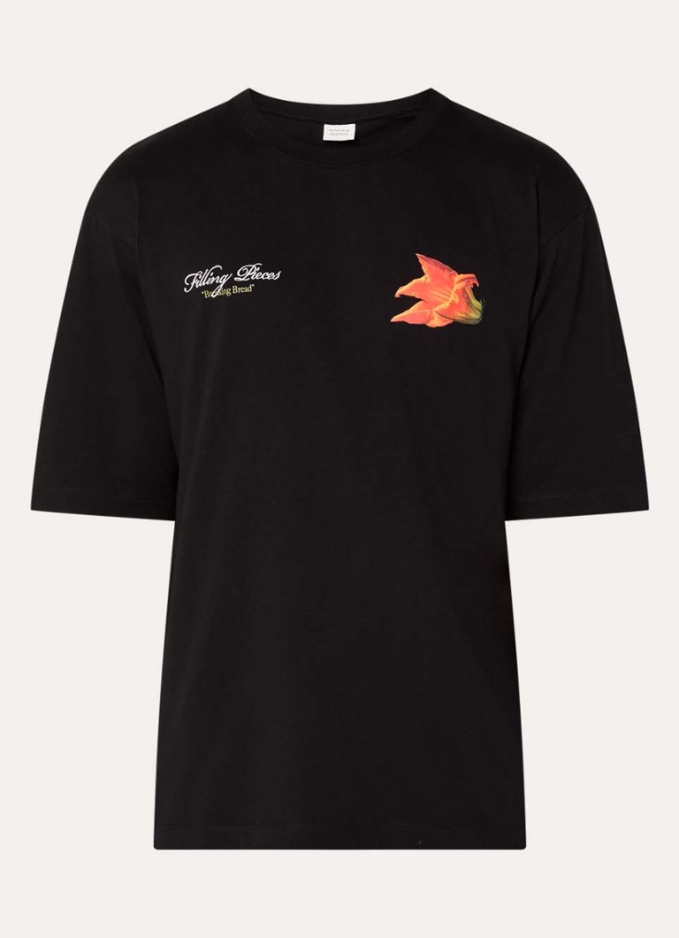 Filling Pieces Heren Zucchini T-shirt met logo- en backprint in de kleur Zwart, maat: S