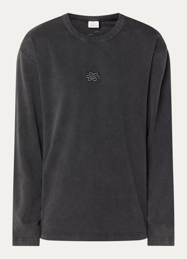 Filling Pieces Heren Longsleeve met borduring en verwassen afwerking in de kleur Zwart, maat: XL