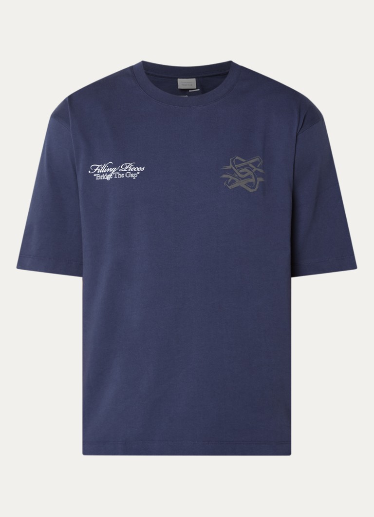 Filling Pieces Heren T-shirt met logo- en backprint in de kleur Donkerblauw, maat: S