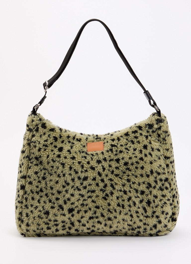 Wouf Dames Olivia Hobo schoudertas van teddy met print in de kleur Groen, maat: 1maat