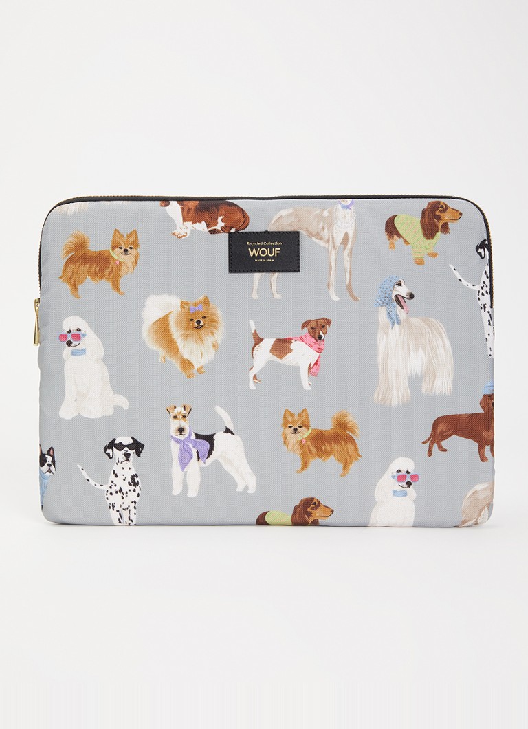 Wouf Puppy laptophoes met print 14 inch Lichtgrijs