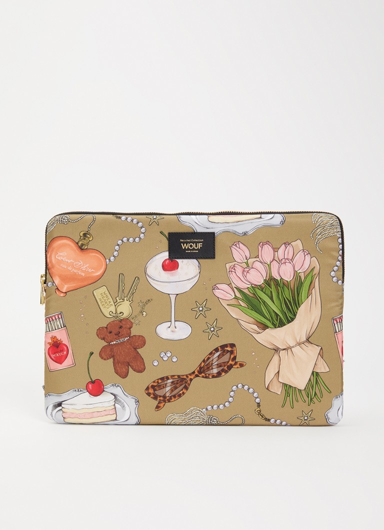 Wouf Tender laptophoes met print 14 inch Mosgroen