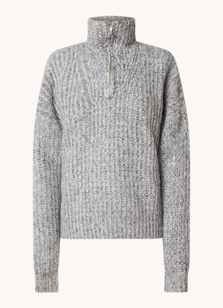 Ba&sh Dames Baltain grofgebreide trui in alpaca wolblend met halve rits in de kleur Grijsmele