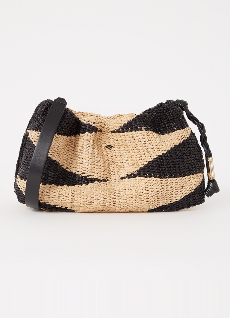 Ba&sh Dames June schoudertas van raffia met leren details in de kleur Zwart