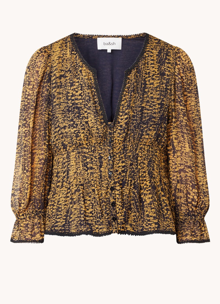 Ba&sh Dames Chili semi-transparante top met print en smockwerk in de kleur Okergeel