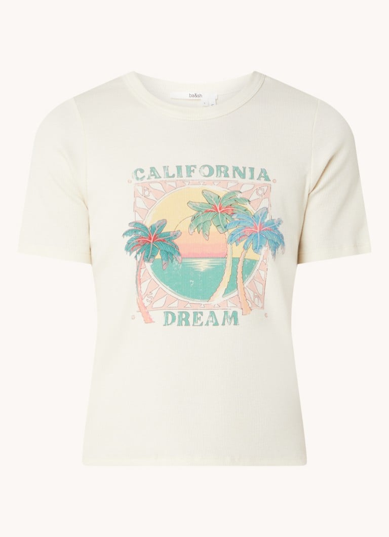 Ba&sh Dames Cerena T-shirt met ribstructuur en print in de kleur Creme