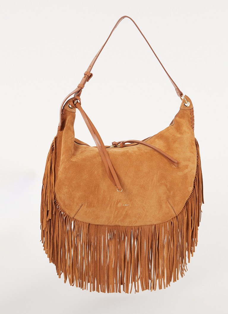 Ba&sh Dames Schoudertas XL van suède met franjes in de kleur Cognac