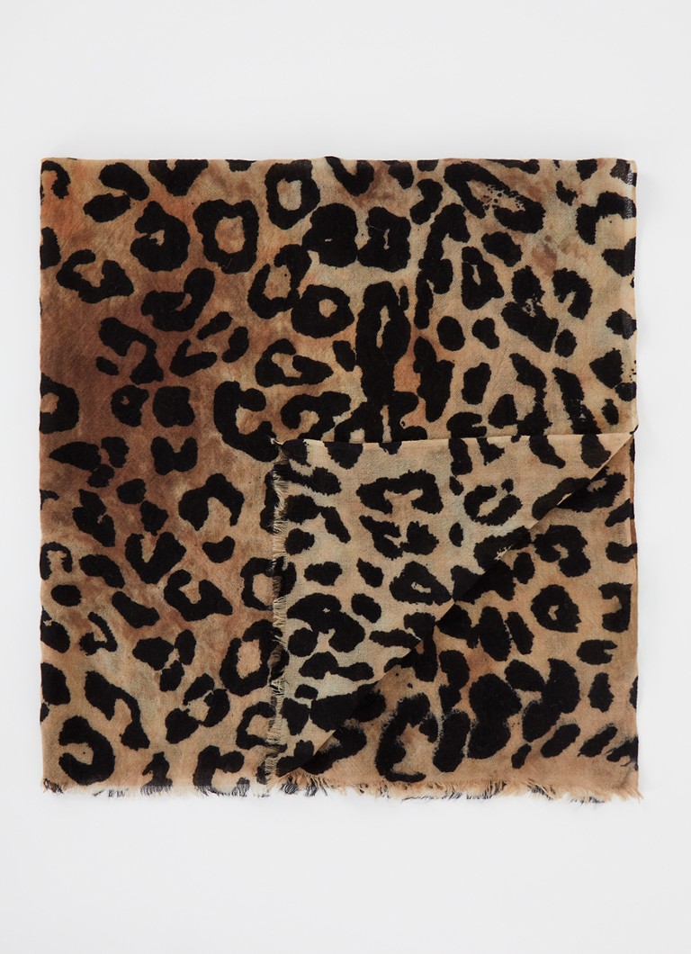 Ba&sh Dames Selene fijngebreide sjaal van scheerwol met panterprint 100 x 100 cm in de kleur Bruin