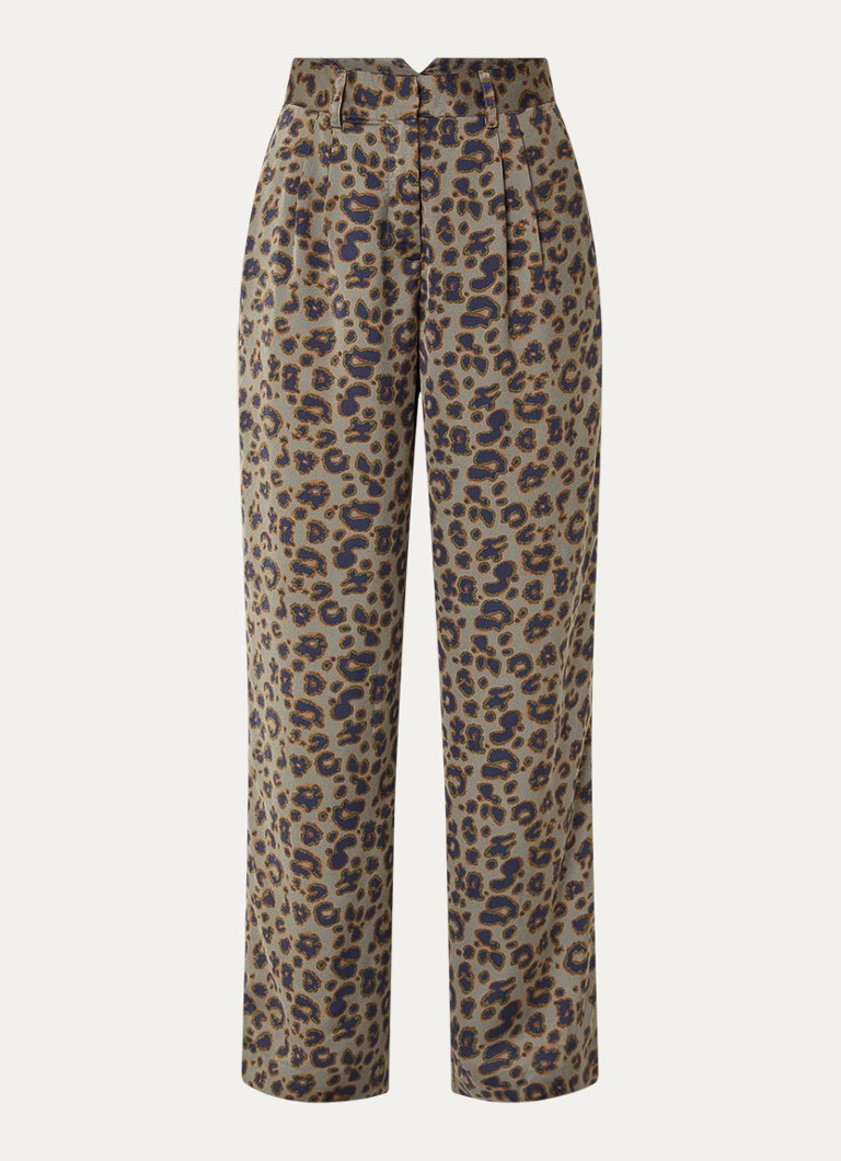 Ba&sh Dames Bloy high waist straight fit pantalon met panterprint in de kleur Olijfgroen
