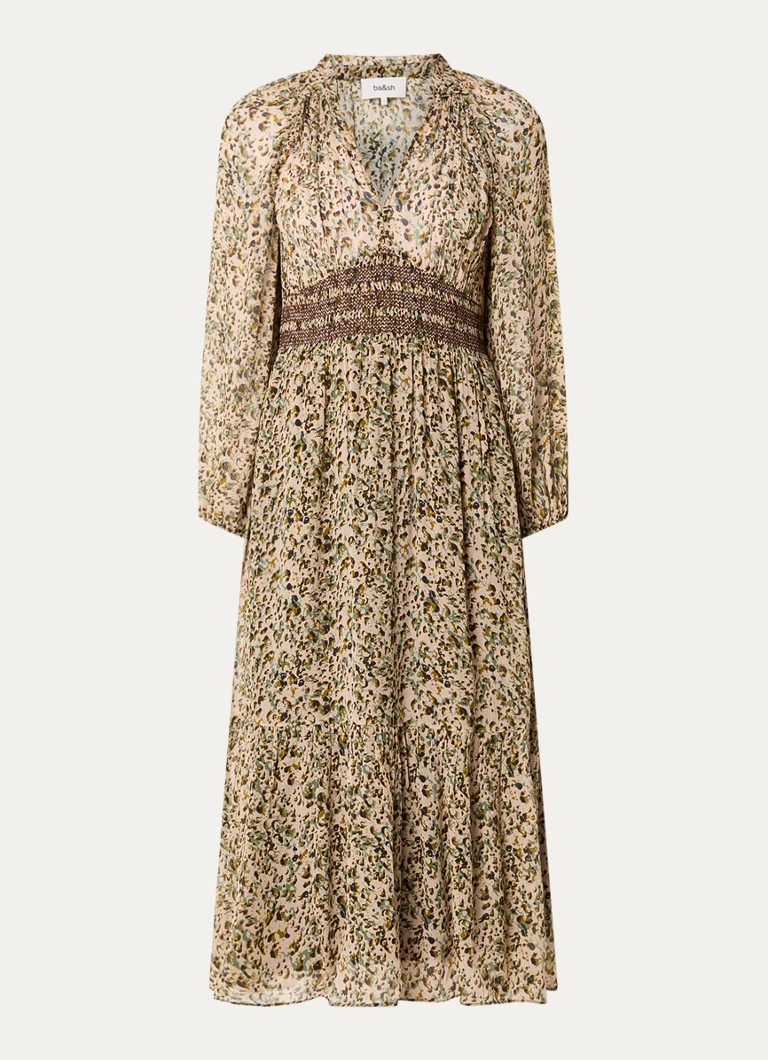 Ba&sh Dames Coraly midi tuniekjurk met pofmouw en print in de kleur Legergroen