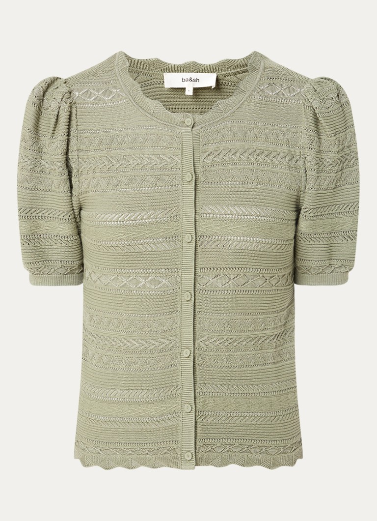 Ba&sh Dames Vinat grofgebreid vest met opengewerkt dessin en pofmouw in de kleur Olijfgroen