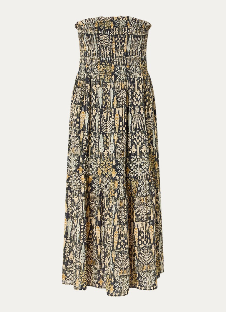 Ba&sh Dames Piala off shoulder midi jurk met bladprint en smockwerk in de kleur Mosgroen