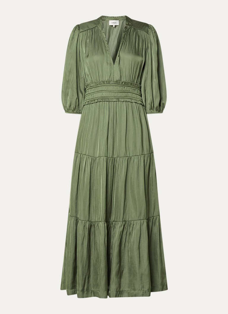 Ba&sh Dames Cleli midi tuniekjurk van satijn met volant in de kleur Bronsgroen