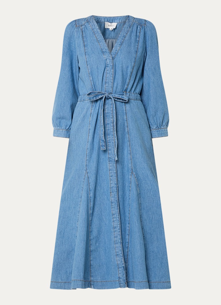 Ba&sh Dames Lia midi jurk van chambray met strikceintuur in de kleur Blauw