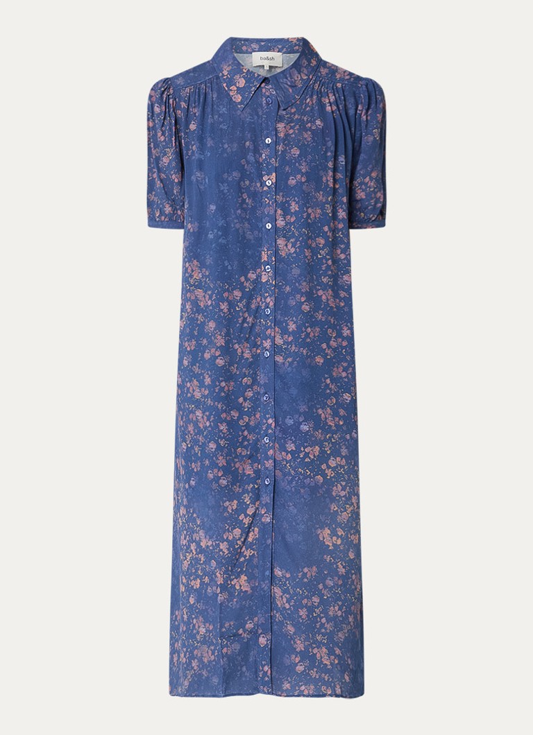 Ba&sh Dames Norma midi blousejurk met print en ballonmouw in de kleur Donkerblauw