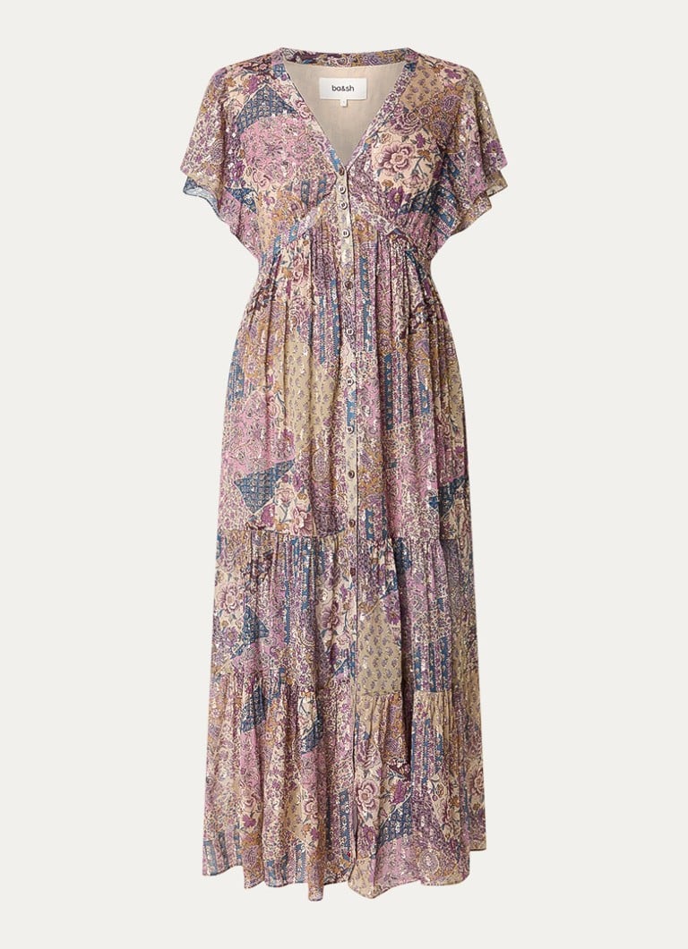 Ba&sh Dames Pareta midi blousejurk met bloemenprint en lurex in de kleur Paars