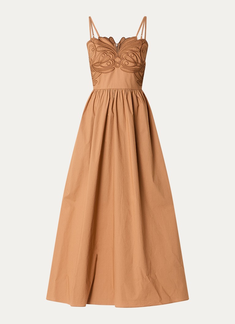 Ba&sh Dames Romi midi jurk met steekzakken en borduring in de kleur Camel