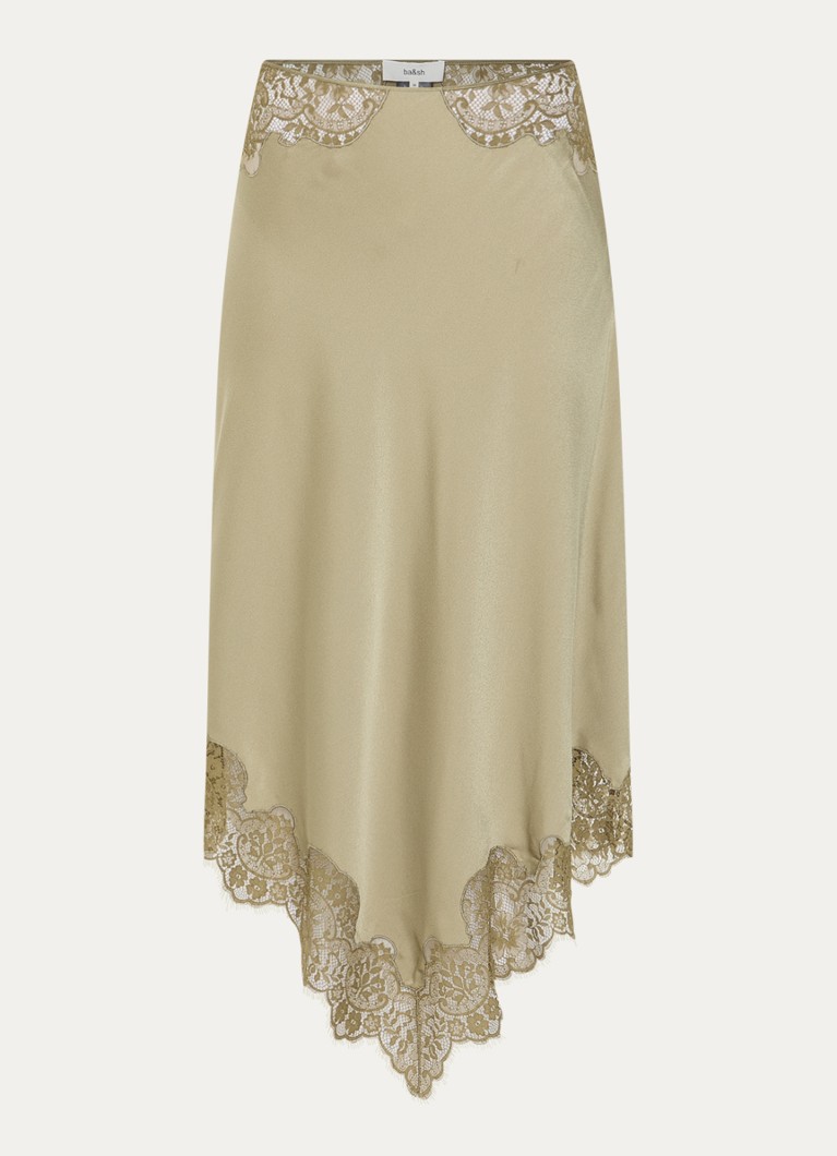 Ba&sh Dames Coni midi rok van satijn met details van kant in de kleur Olijfgroen