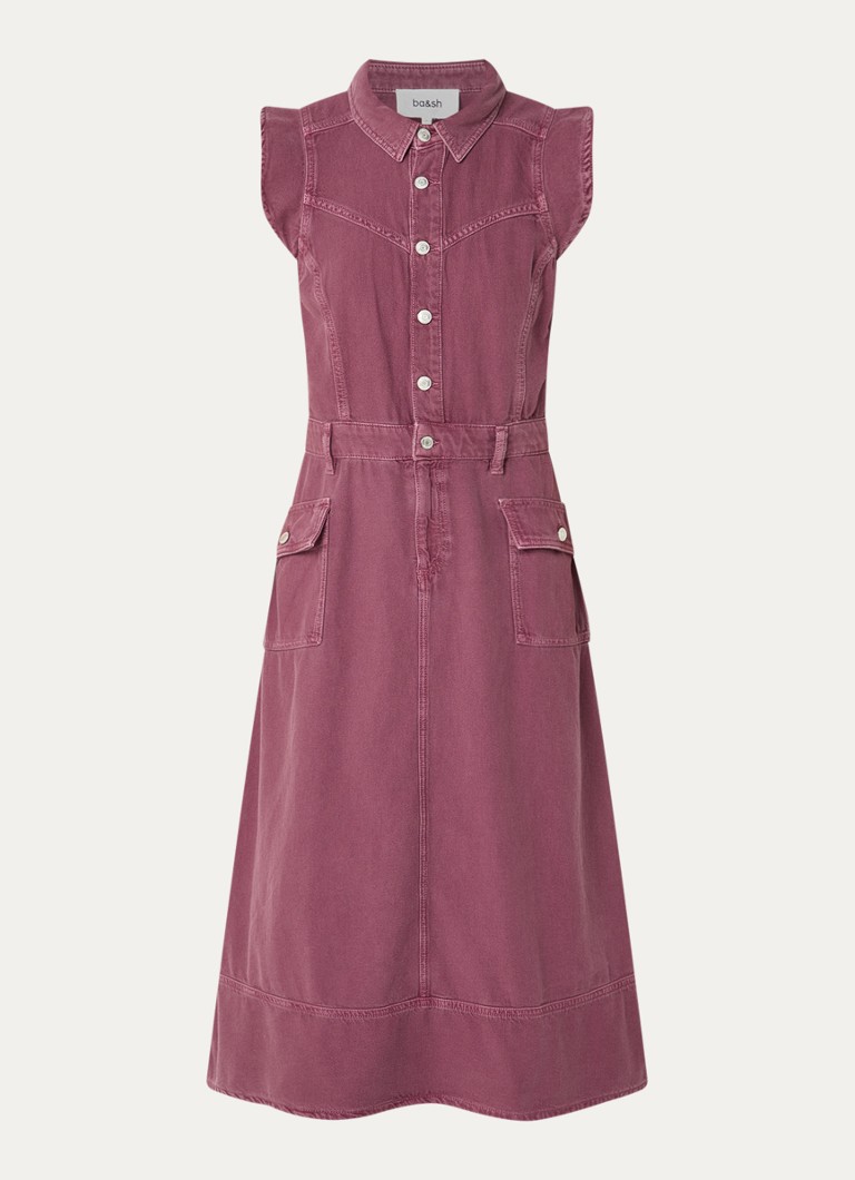 Ba&sh Dames Risol midi jurk van denim met klepzakken en volant in de kleur Oudroze