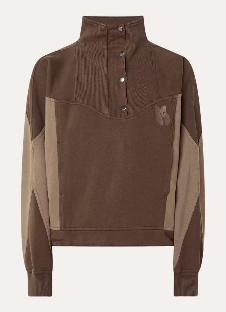 Ba&sh Dames Jessy sweater met steekzakken en logoborduring in de kleur Chocoladebruin