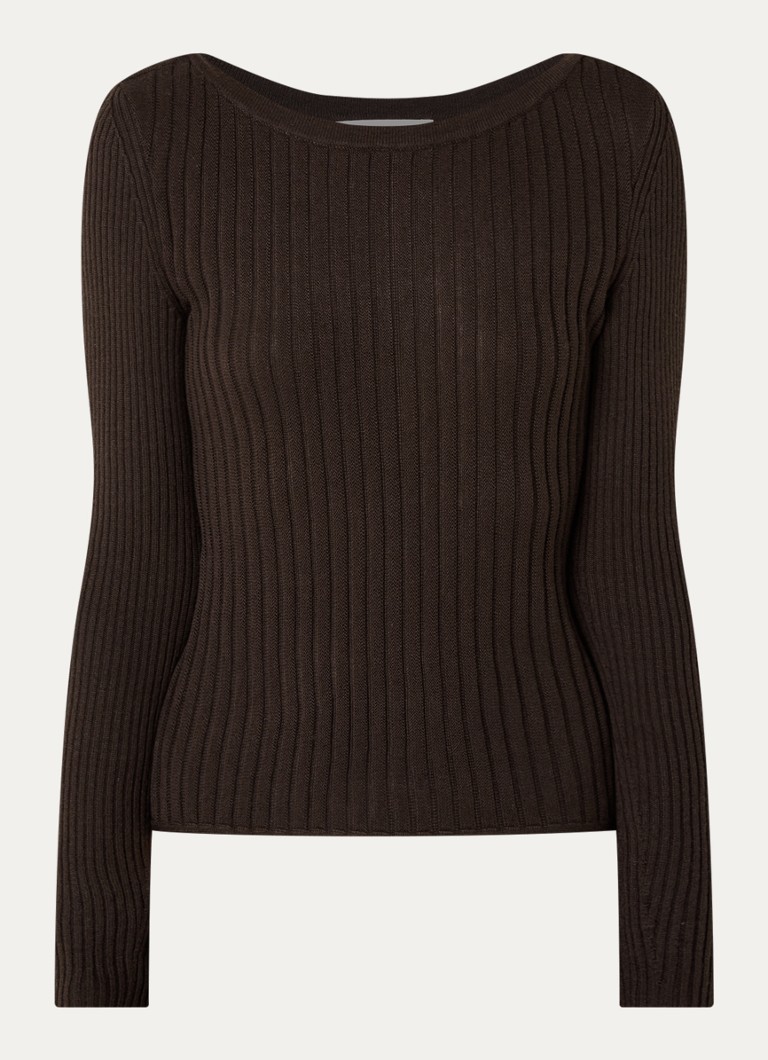 Ba&sh Dames Palma ribgebreide pullover in wolblend met boothals in de kleur Chocoladebruin