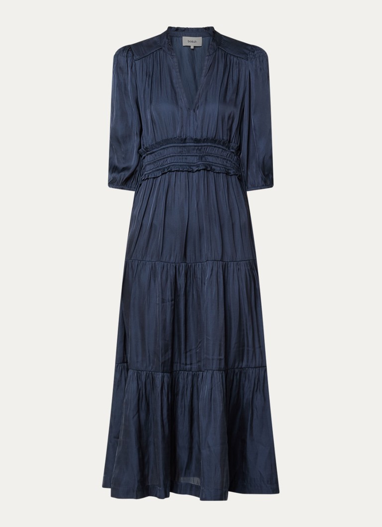 Ba&sh Dames Cleli midi tuniekjurk van satijn met volant in de kleur Donkerblauw