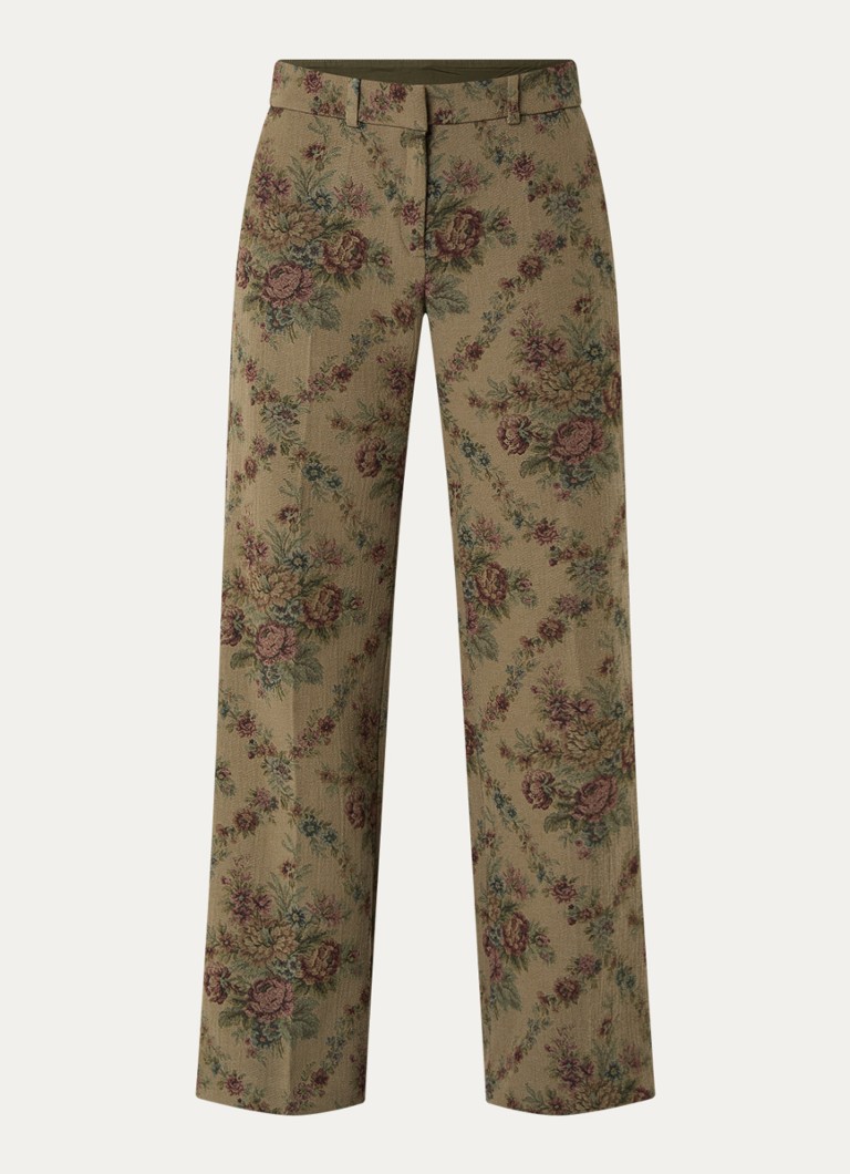 Ba&sh Dames Remea mid waist straight fit pantalon met bloemborduring in de kleur Legergroen