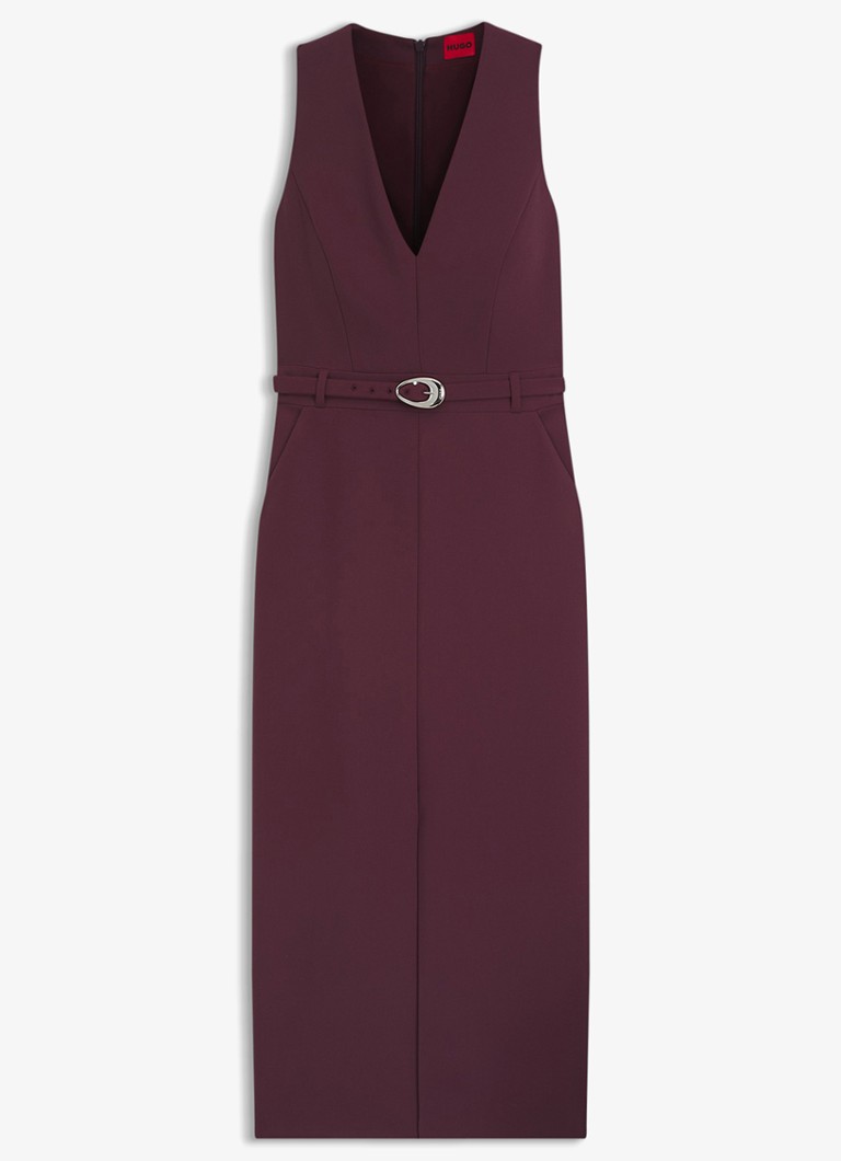 HUGO Dames Midi jurk met V-hals en ceintuur in de kleur Aubergine
