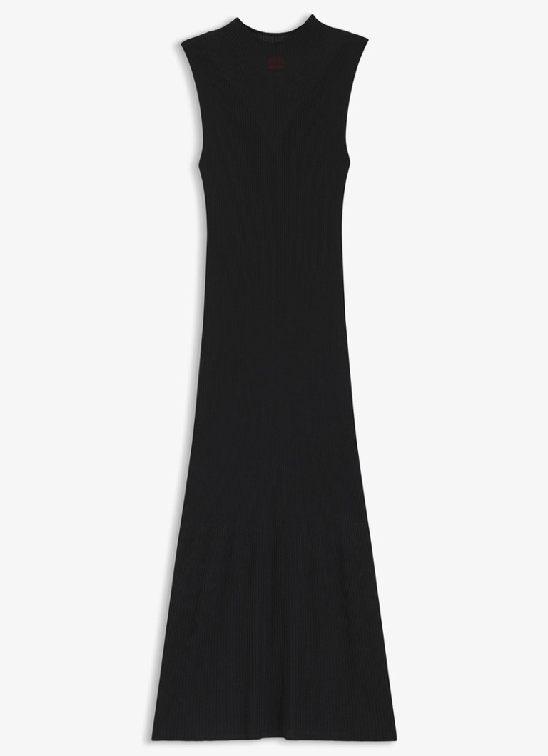 HUGO Dames Ribgebreide maxi jurk met opstaande kraag in de kleur Black-001 / Zwart