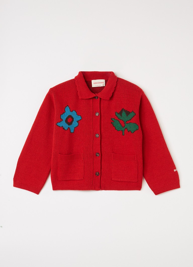 BOBO CHOSES Meisjes Blossom grofgebreid vest met bloemenprint in de kleur Rood, maat: 10Y-11Y=140