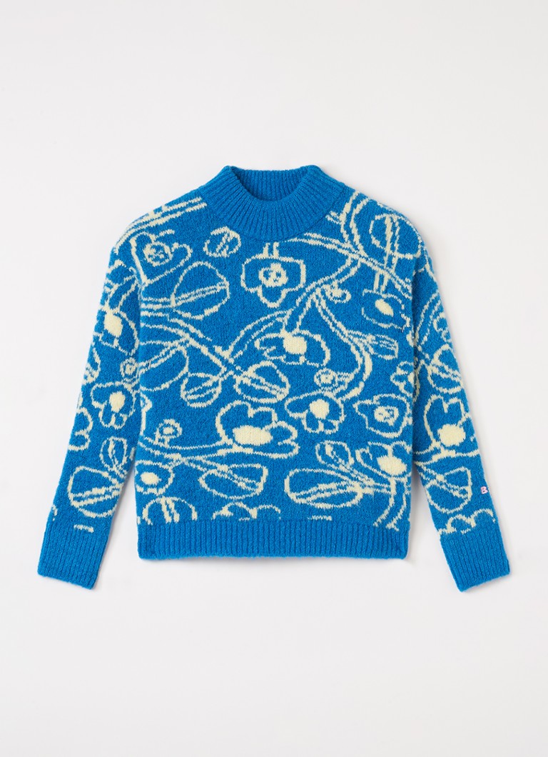 BOBO CHOSES Meisjes Grofgebreide trui met bloemenprint in de kleur Blauw, maat: 4Y-5Y=104
