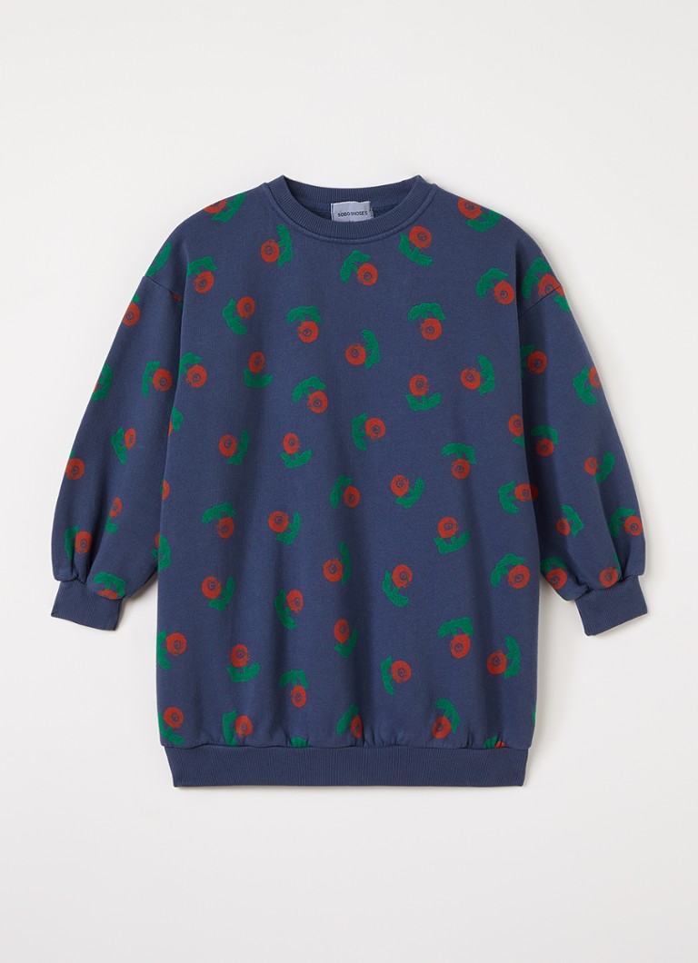 BOBO CHOSES Meisjes Stamp Bloom trui-jurk met bloemenprint in de kleur Staalblauw, maat: 6Y-7Y=116