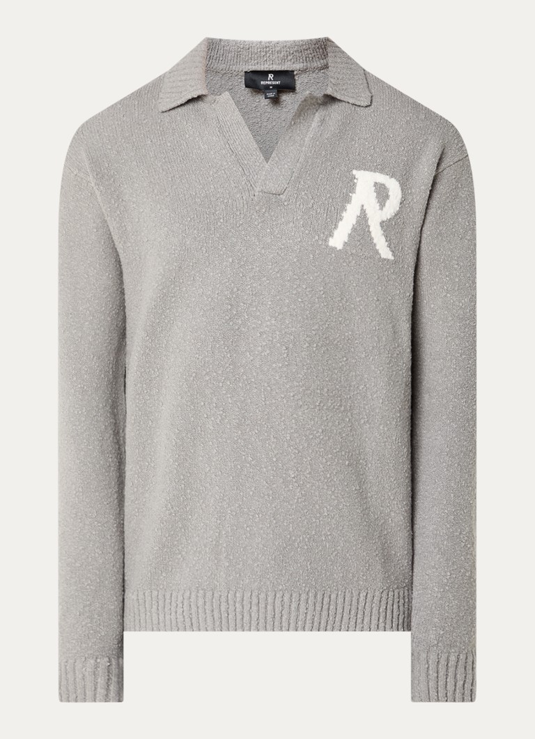 Represent Heren Grofgebreide trui met logo en kraag in de kleur Grijs, maat: M