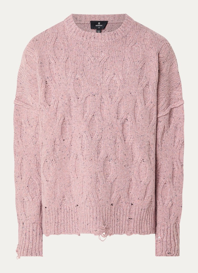 Represent Heren Distress kabelgebreide trui met ronde hals in de kleur Roze, maat: S
