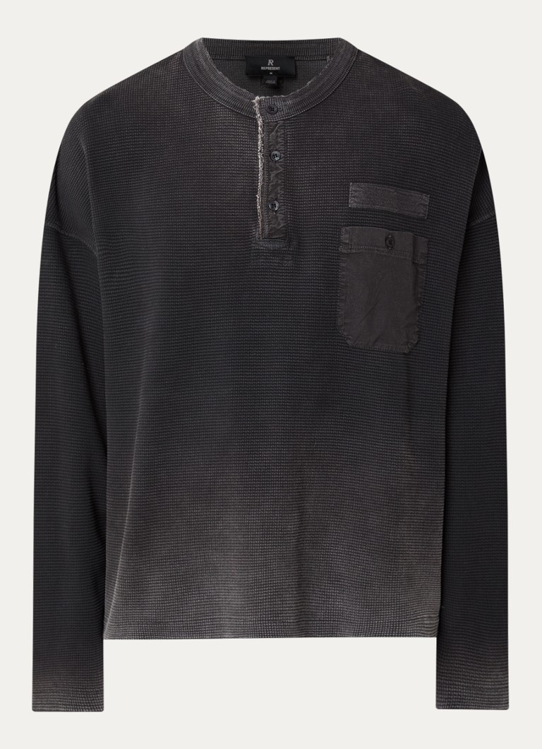 Represent Heren Henley sweater met borstzak en verwassen afwerking in de kleur Donkergrijs, maat: XS