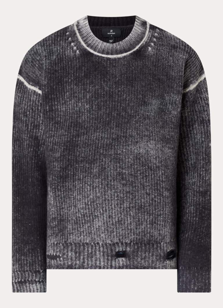 Represent Heren Reversible Fade Out ribgebreide trui van wol met destroyed afwerking in de kleur Zwart, maat: M