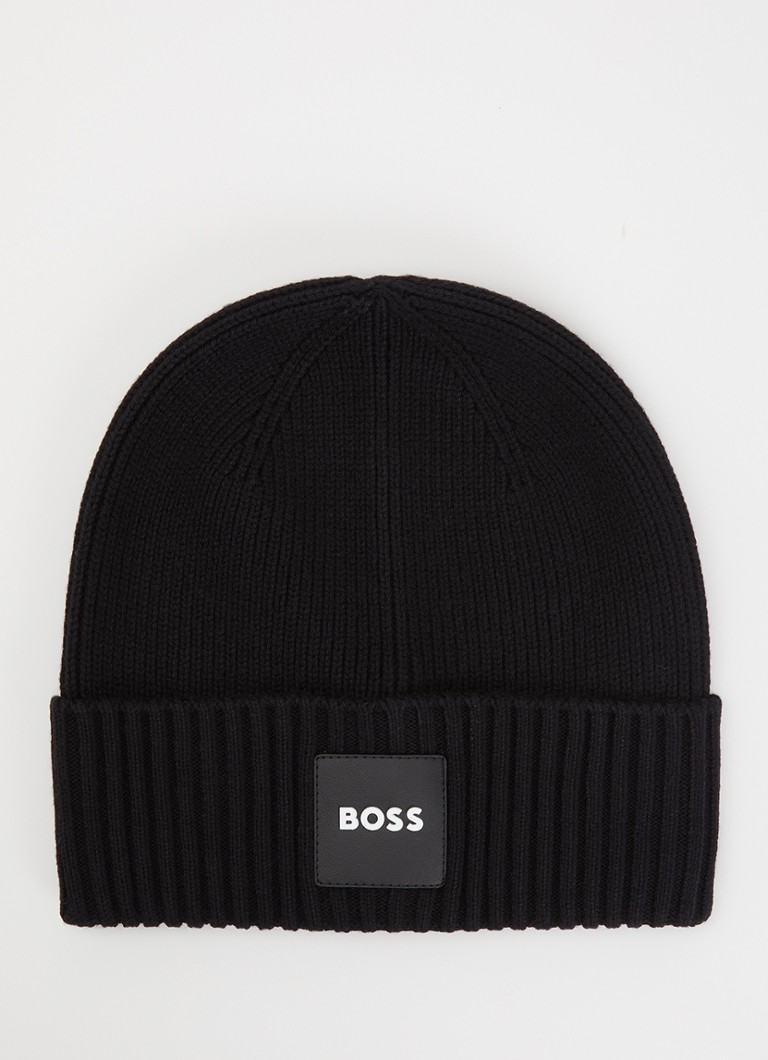 BOSS Jongens Ribgebreide muts met logo in de kleur Zwart, maat: 56