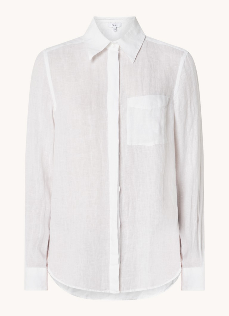 Reiss Dames Campbell blouse van linnen met borstzak en gemêleerd dessin in de kleur Wit