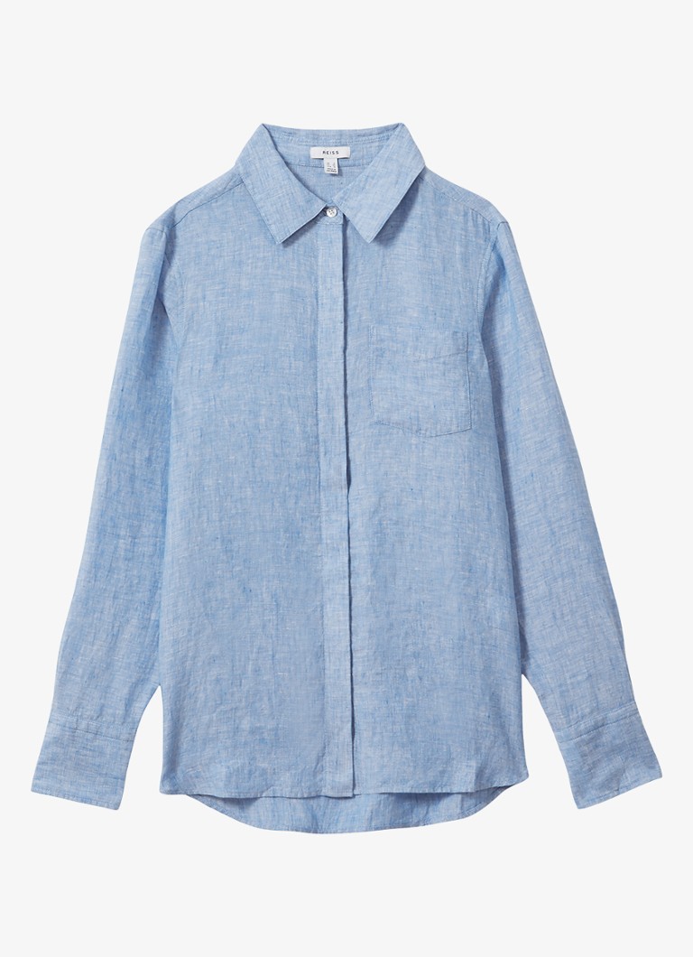 Reiss Dames Belle blouse van linnen met borstzak in de kleur Lichtblauw