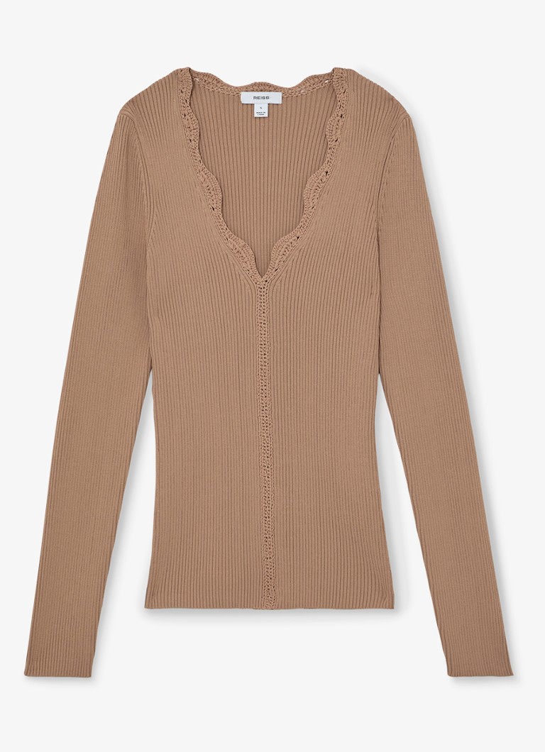 Reiss Dames Lara ribgebreide trui met crochet detail in de kleur Camel