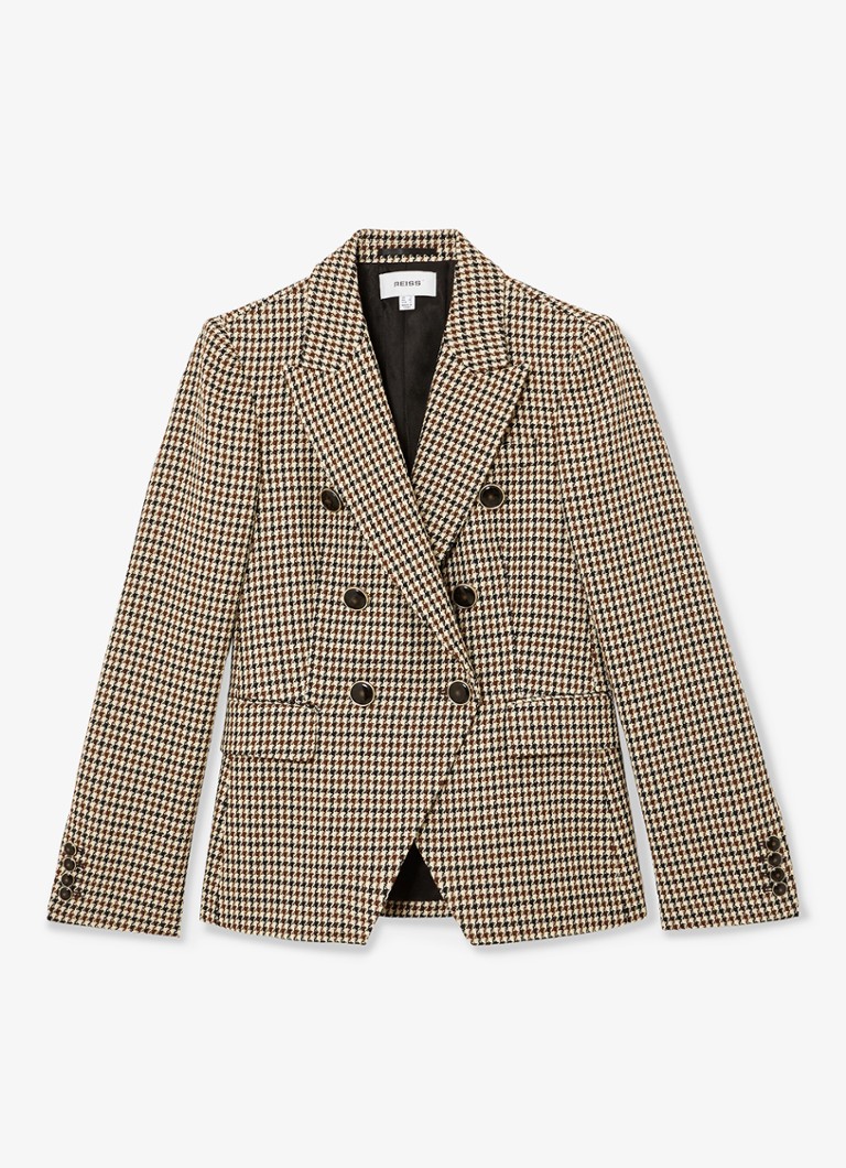 Reiss Dames Hartley double-breasted blazer in wolblend met pied-de-poule dessin in de kleur Beige