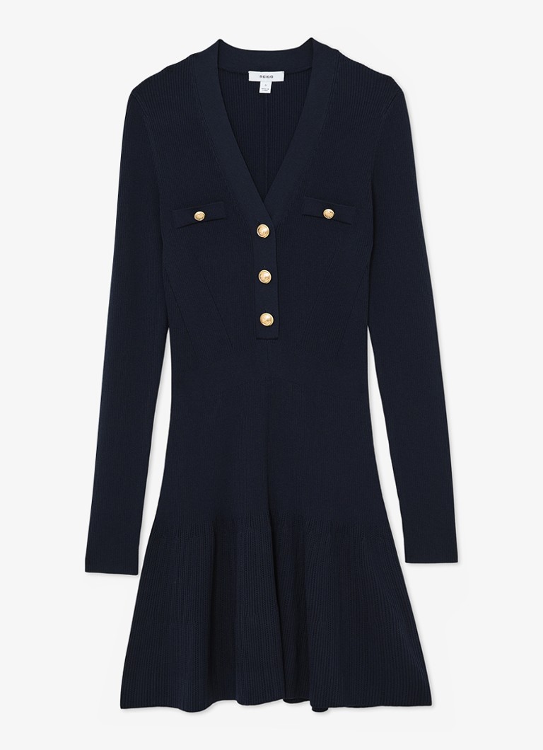 Reiss Dames Lavelle rigebreide mini jurk met knoop detail in de kleur Blauw