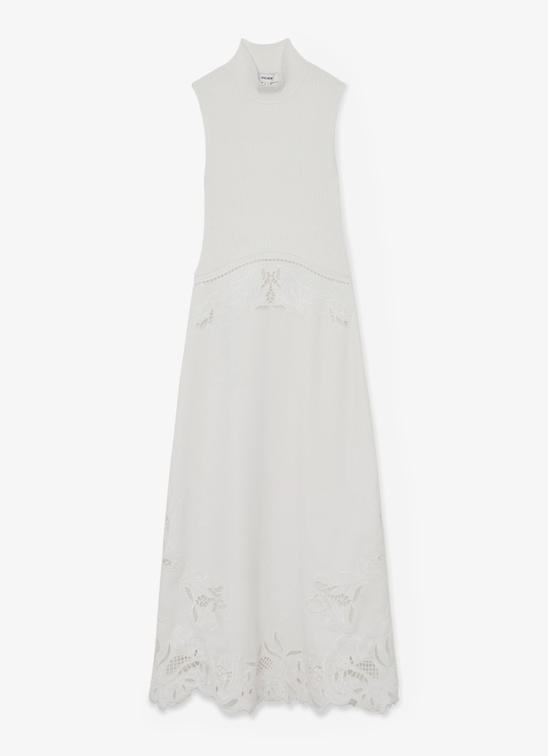 Reiss Dames Phoenix ribgebreide midi jurk met broderie in de kleur Wit