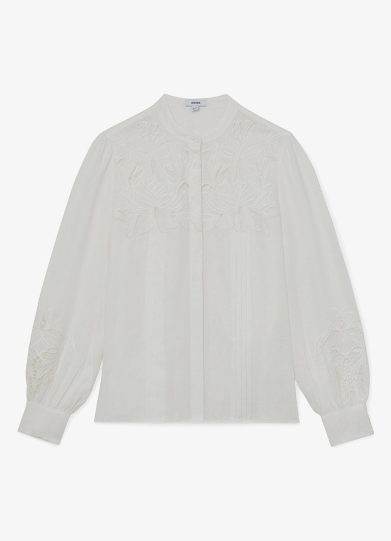 Reiss Dames Ida blouse van linnen met broderie in de kleur Wit