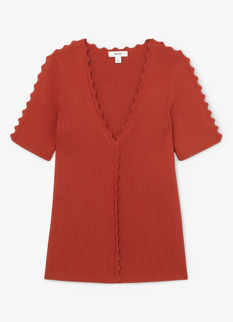 Reiss Dames Marcy ribgebreide top met V-hals in de kleur Rood