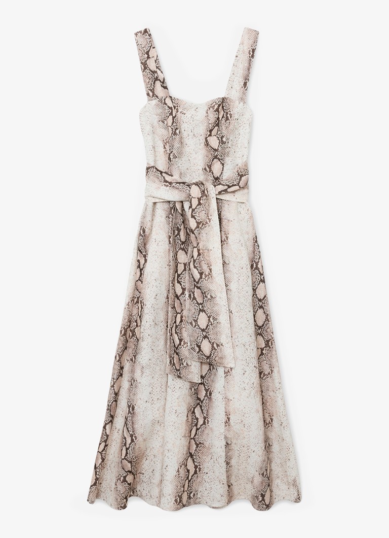 Reiss Dames Amy midi jurk in linnenblend met slangenprint in de kleur Beige