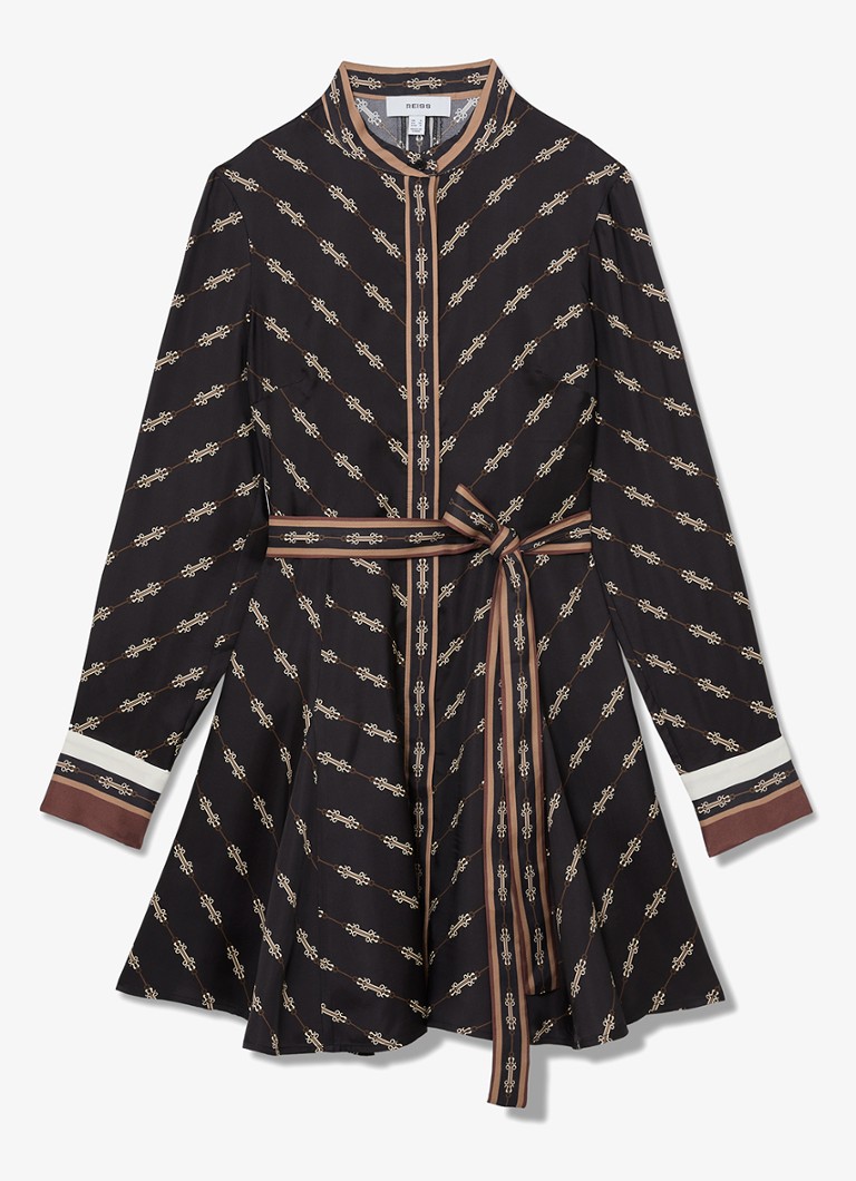 Reiss Dames Nina mini blousejurk met grafische print en strikceintuur in de kleur Zwart