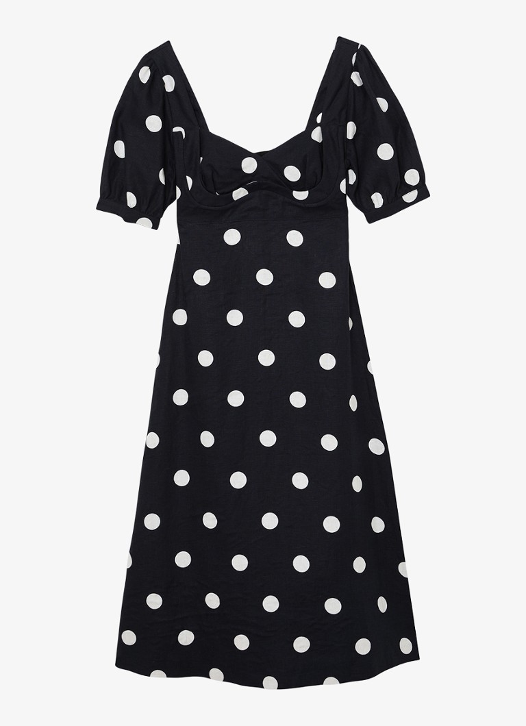 Reiss Dames Astrid midi jurk van linnen met pofmouw in de kleur Zwart