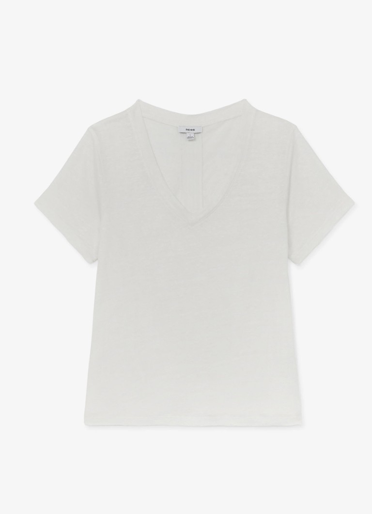 Reiss Dames Lola T-shirt van linnen met V-hals in de kleur Wit
