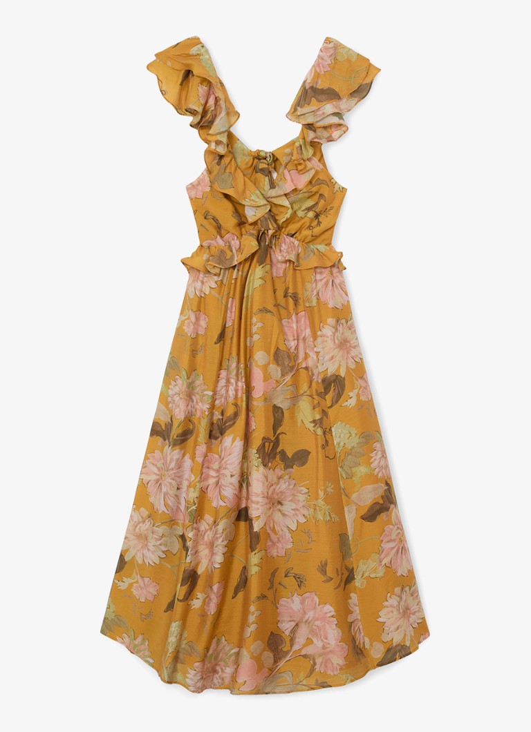 Reiss Dames Lucy midi jurk met bloemenprint in de kleur Okergeel
